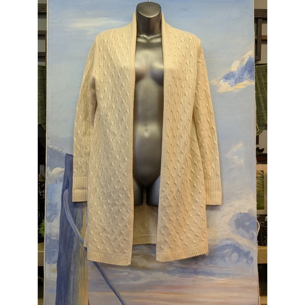 Cortland Park S 100% Cashmere Long Cable Knit Cardigan Ivory